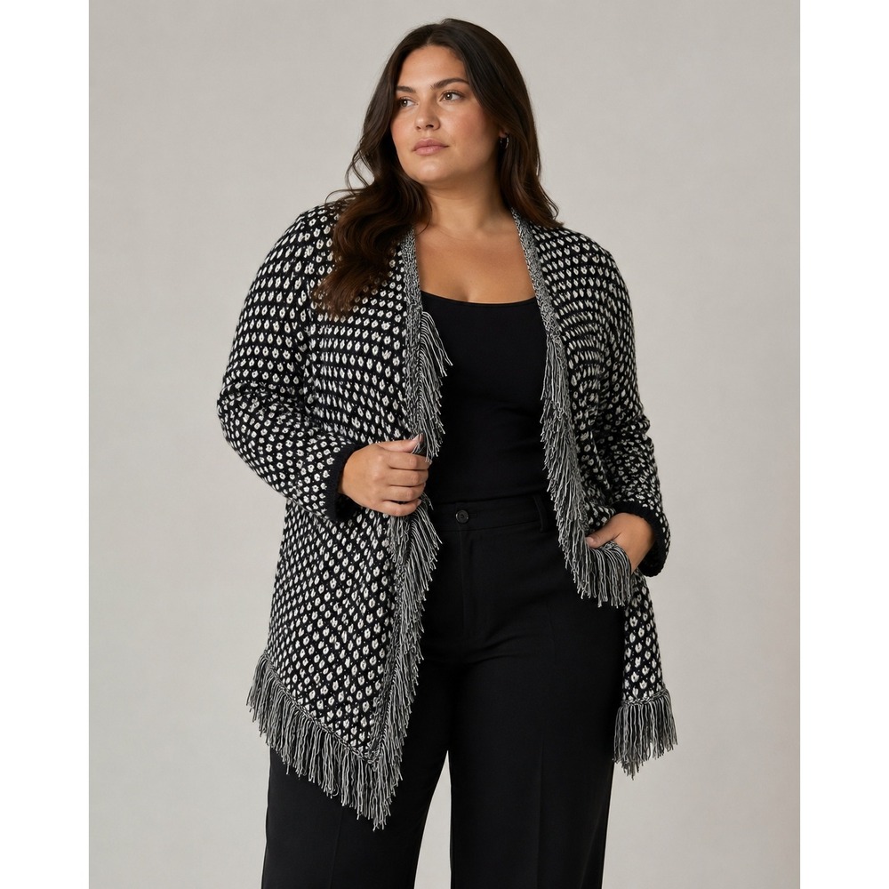 C Wonder Fringe Open Front Cardigan Women's 2X Black Ivory Textured Knit